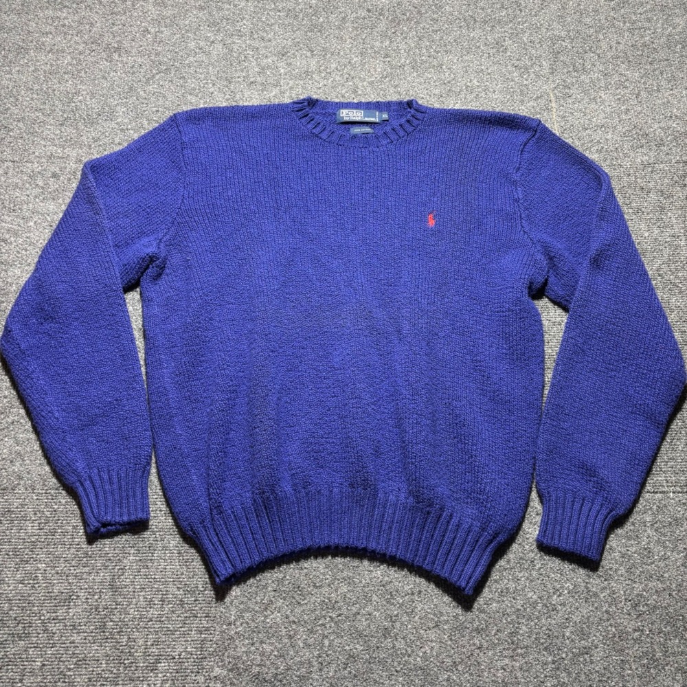 Polo Ralph Lauren Mens XL Royal Blue Cotton Knit Crewneck Sweater Red Pony Logo